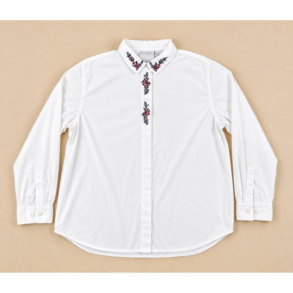 Season Ticket XL Shirt Floral Embroidered Cotton White Long Sleeve Blouse